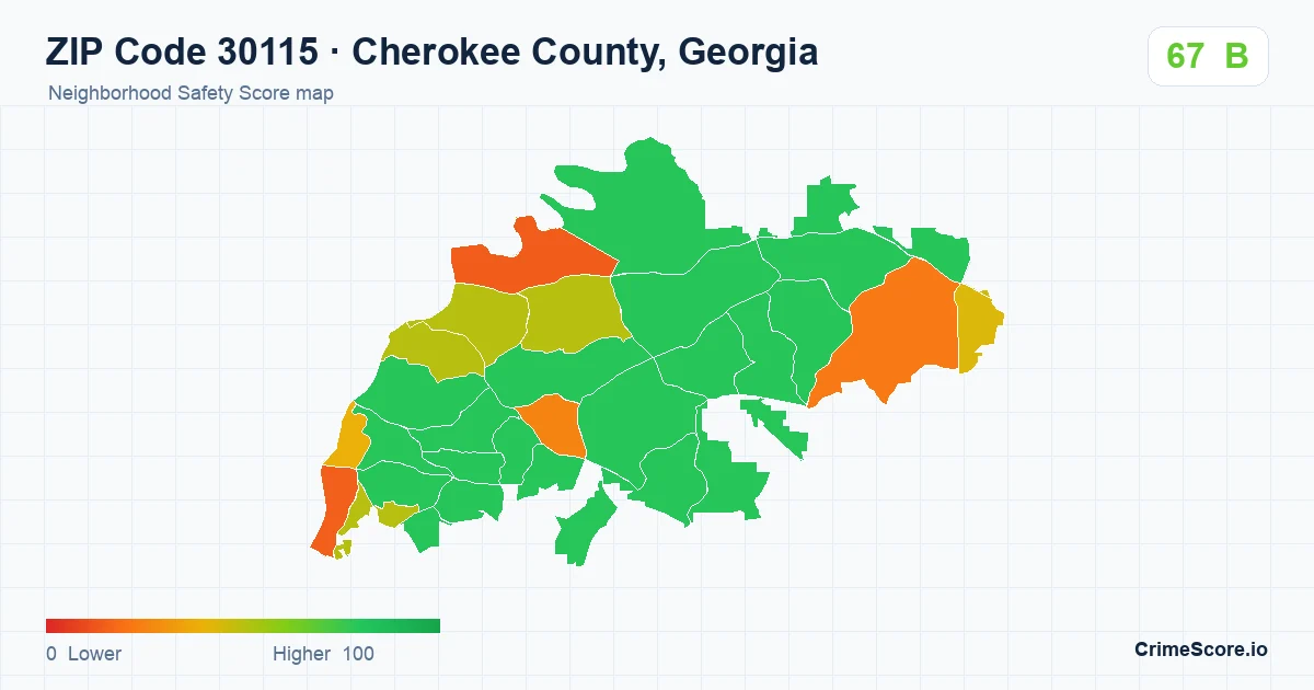 ZIP Code 30115 in Cherokee County, Georgia neighborhood Safety Score map