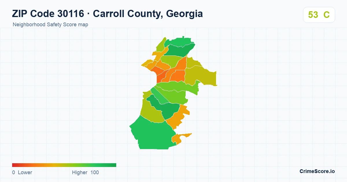 ZIP Code 30116 in Carroll County, Georgia neighborhood Safety Score map