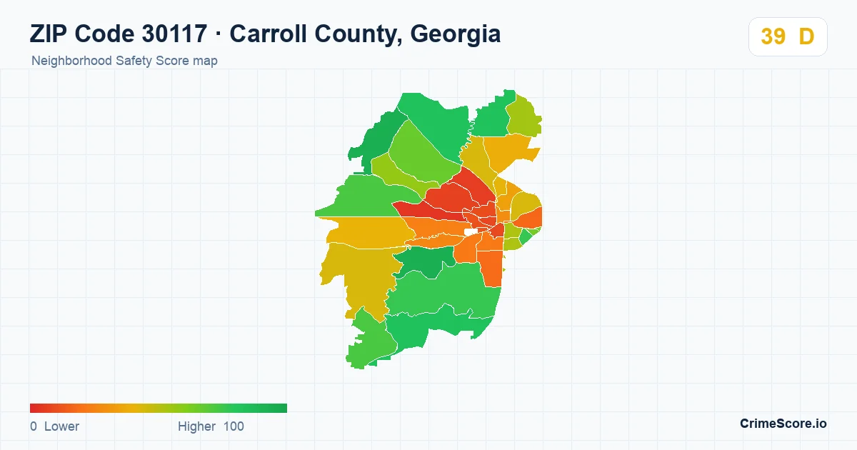 ZIP Code 30117 in Carroll County, Georgia neighborhood Safety Score map