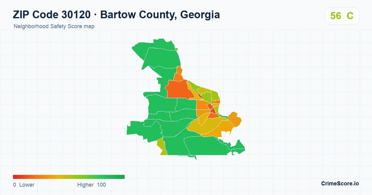 ZIP Code 30120 in Bartow County, Georgia neighborhood Safety Score map