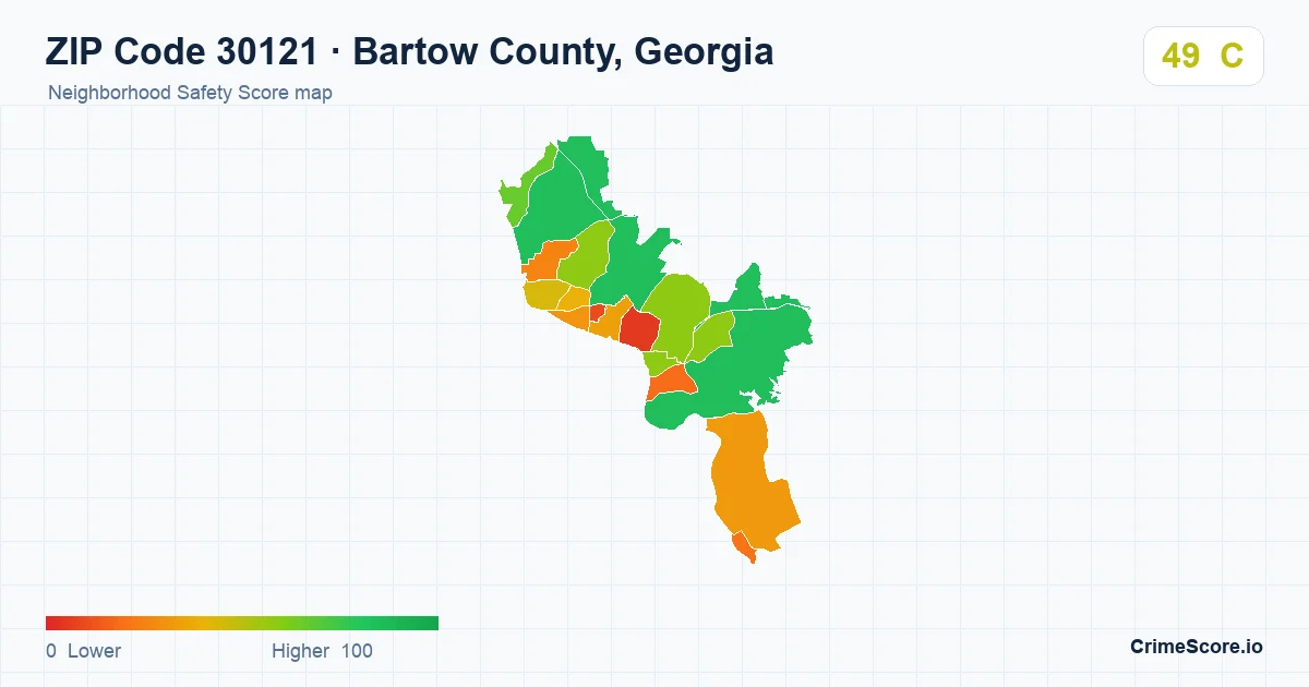 ZIP Code 30121 in Bartow County, Georgia neighborhood Safety Score map