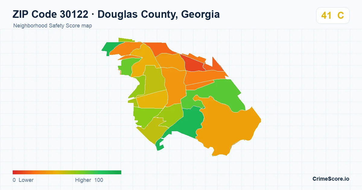 ZIP Code 30122 in Douglas County, Georgia neighborhood Safety Score map
