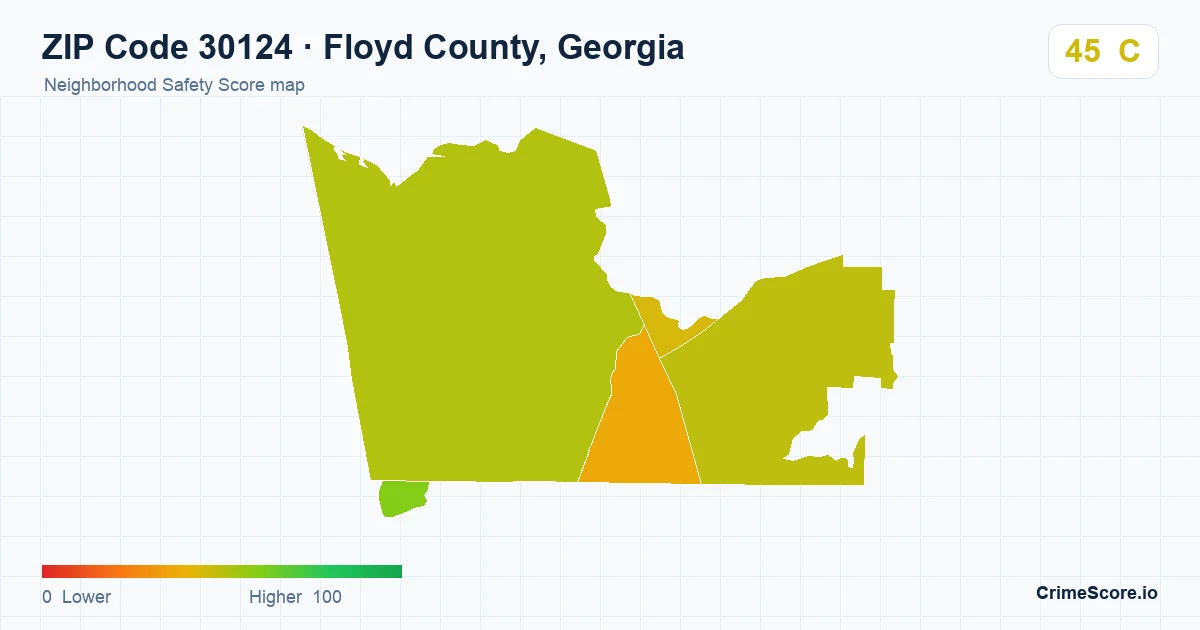 ZIP Code 30124 in Floyd County, Georgia neighborhood Safety Score map