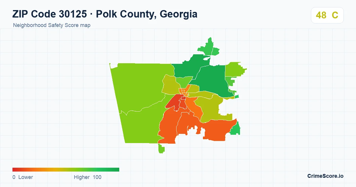ZIP Code 30125 in Polk County, Georgia neighborhood Safety Score map