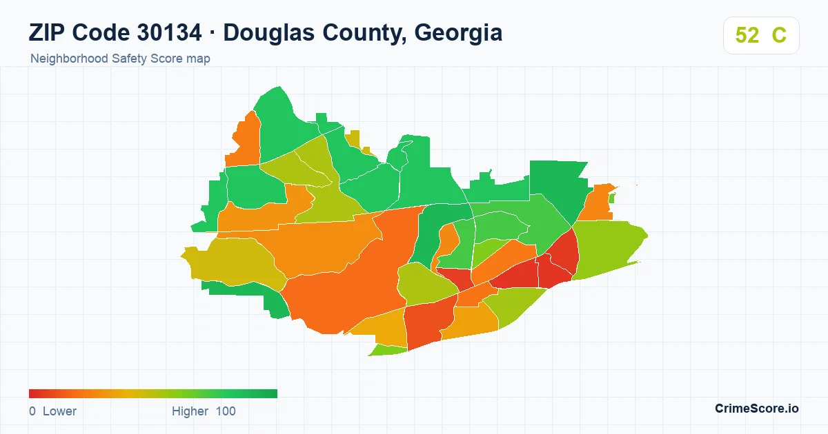 ZIP Code 30134 in Douglas County, Georgia neighborhood Safety Score map