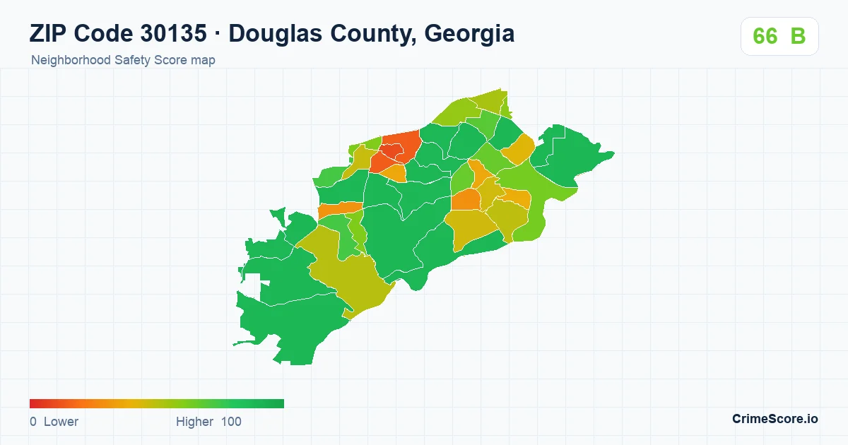 ZIP Code 30135 in Douglas County, Georgia neighborhood Safety Score map