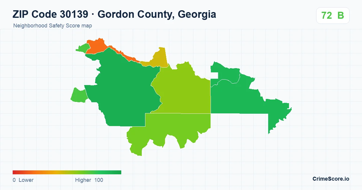 ZIP Code 30139 in Gordon County, Georgia neighborhood Safety Score map