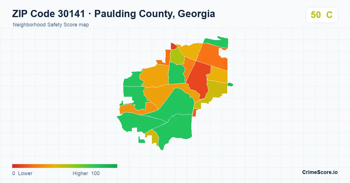 ZIP Code 30141 in Paulding County, Georgia neighborhood Safety Score map