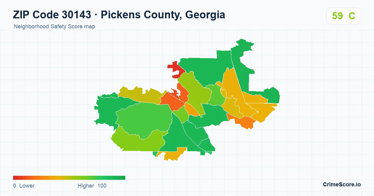 ZIP Code 30143 in Pickens County, Georgia neighborhood Safety Score map