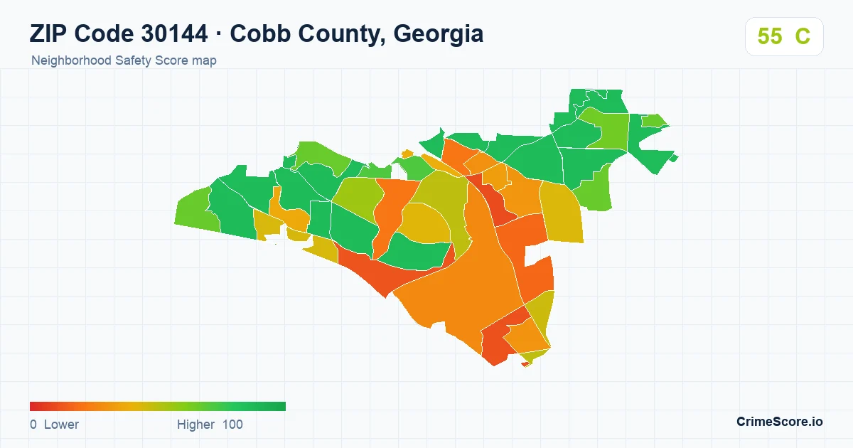 ZIP Code 30144 in Cobb County, Georgia neighborhood Safety Score map