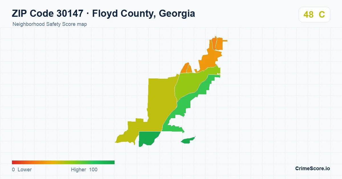 ZIP Code 30147 in Floyd County, Georgia neighborhood Safety Score map