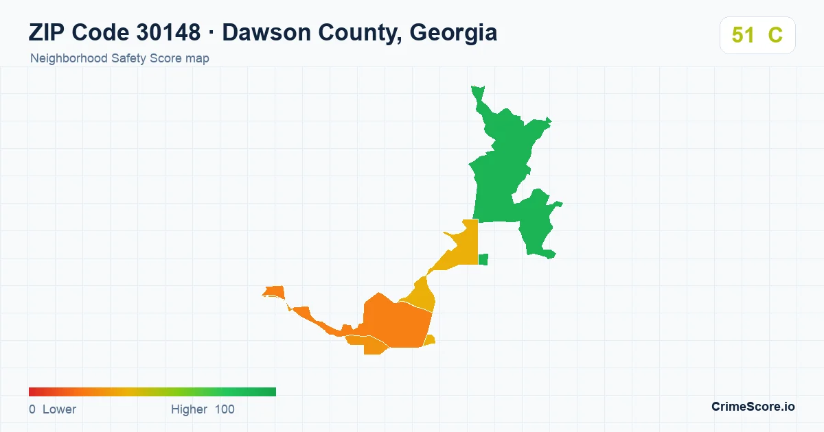 ZIP Code 30148 in Dawson County, Georgia neighborhood Safety Score map