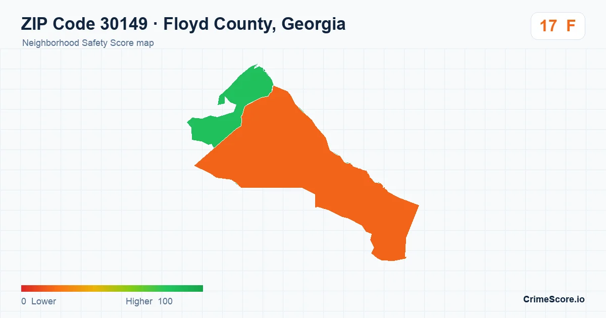 ZIP Code 30149 in Floyd County, Georgia neighborhood Safety Score map