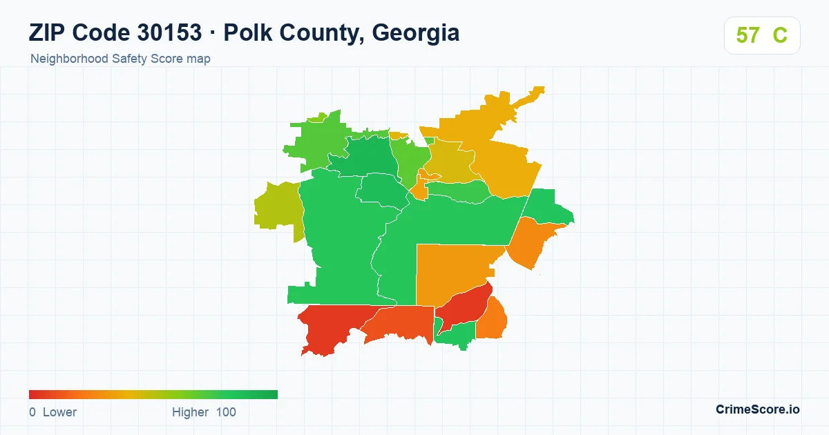 ZIP Code 30153 in Polk County, Georgia neighborhood Safety Score map