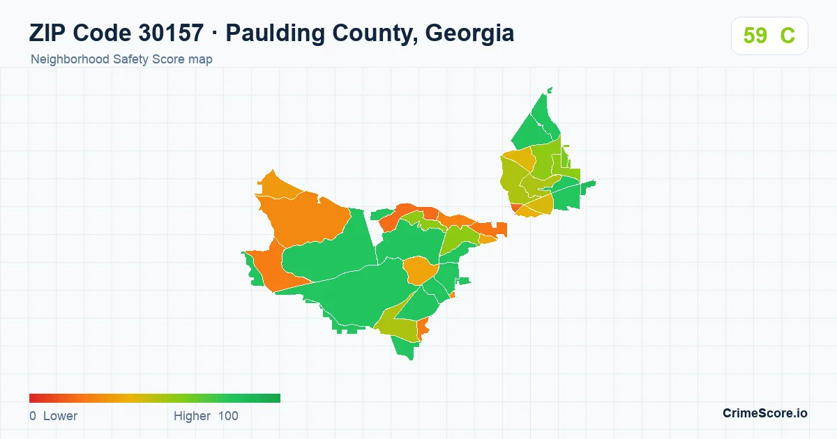 ZIP Code 30157 in Paulding County, Georgia neighborhood Safety Score map