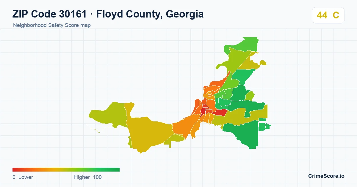 ZIP Code 30161 in Floyd County, Georgia neighborhood Safety Score map