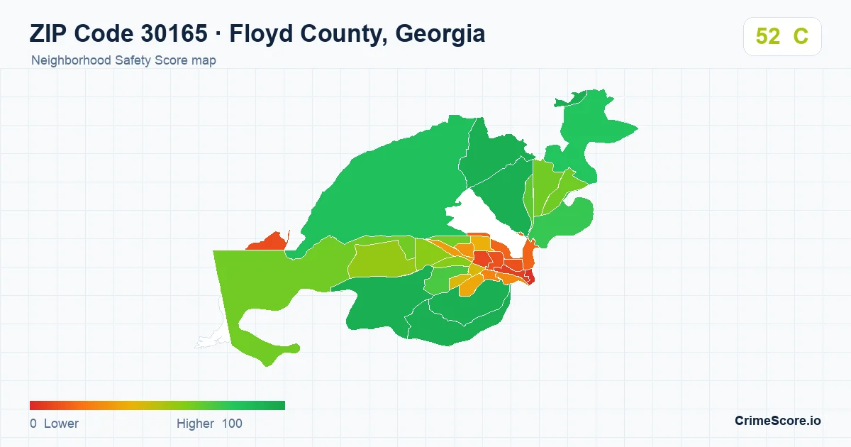 ZIP Code 30165 in Floyd County, Georgia neighborhood Safety Score map