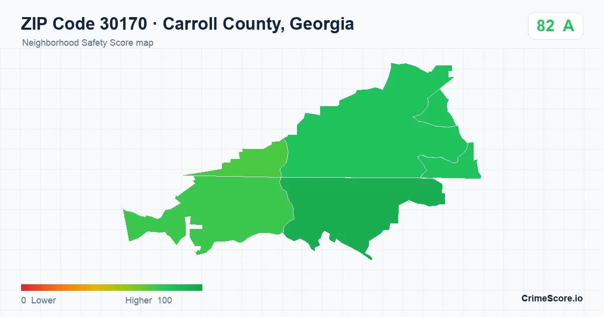 ZIP Code 30170 in Carroll County, Georgia neighborhood Safety Score map