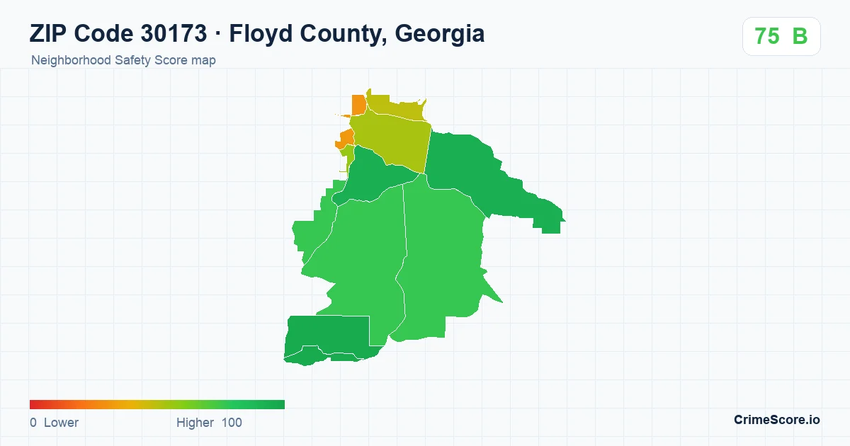 ZIP Code 30173 in Floyd County, Georgia neighborhood Safety Score map