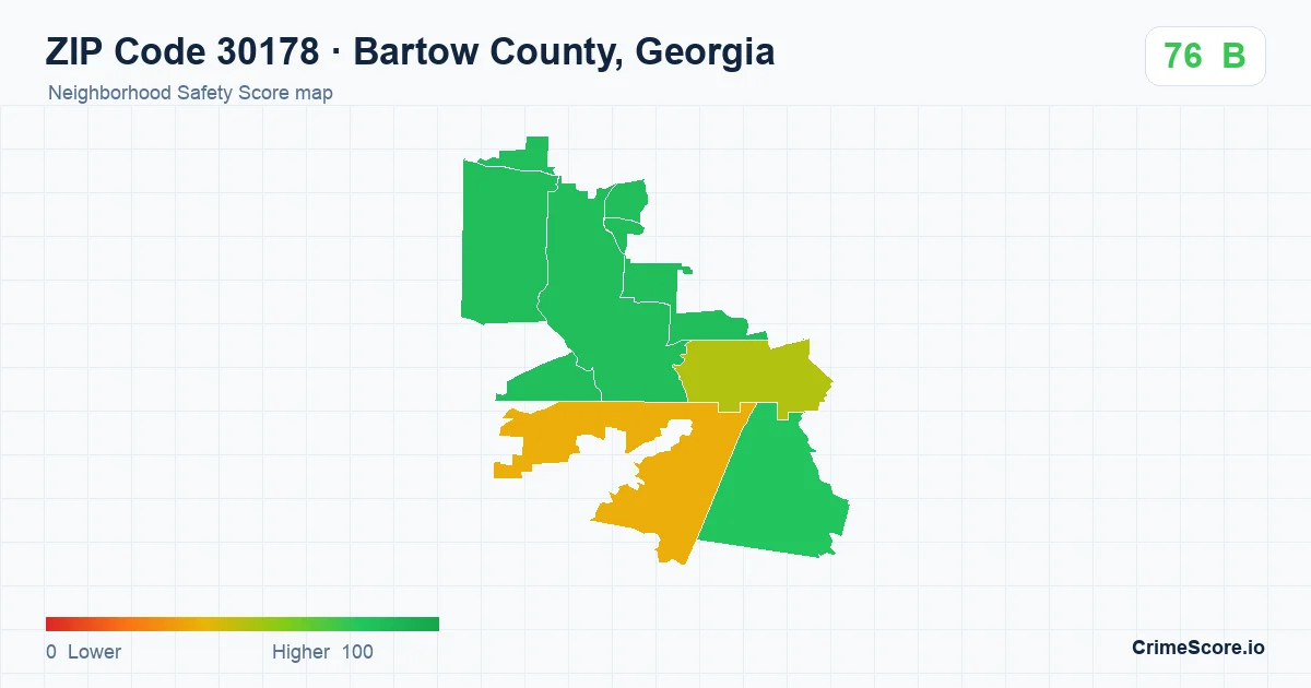 ZIP Code 30178 in Bartow County, Georgia neighborhood Safety Score map