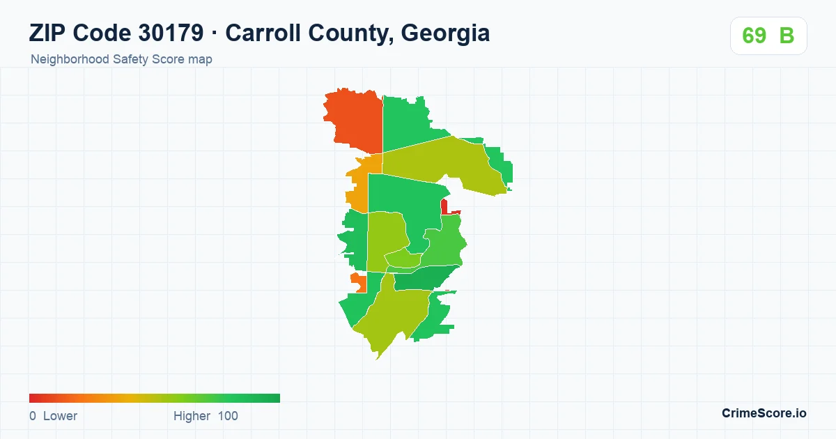 ZIP Code 30179 in Carroll County, Georgia neighborhood Safety Score map