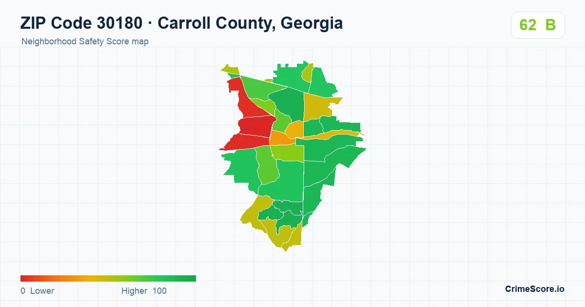 ZIP Code 30180 in Carroll County, Georgia neighborhood Safety Score map