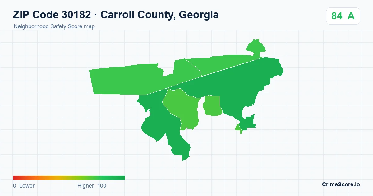 ZIP Code 30182 in Carroll County, Georgia neighborhood Safety Score map