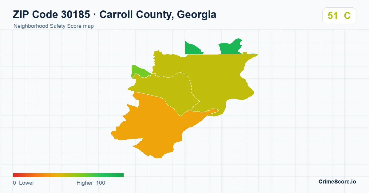 ZIP Code 30185 in Carroll County, Georgia neighborhood Safety Score map