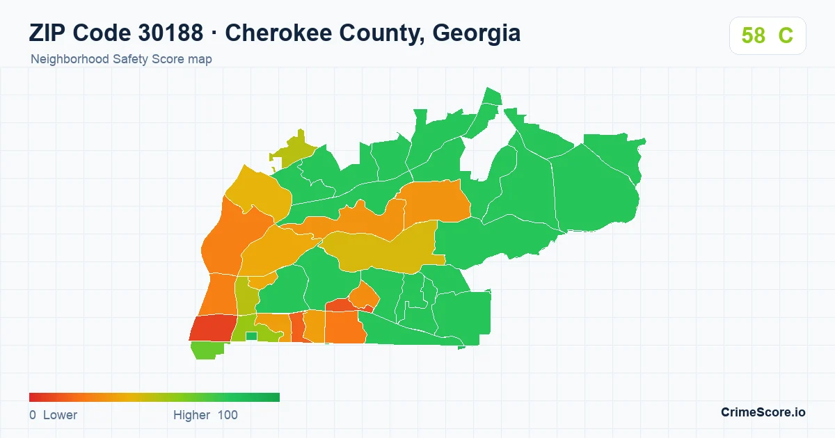ZIP Code 30188 in Cherokee County, Georgia neighborhood Safety Score map