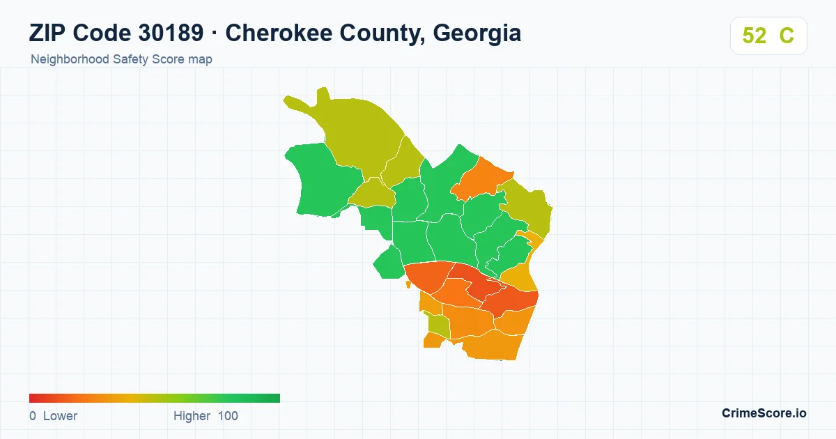 ZIP Code 30189 in Cherokee County, Georgia neighborhood Safety Score map