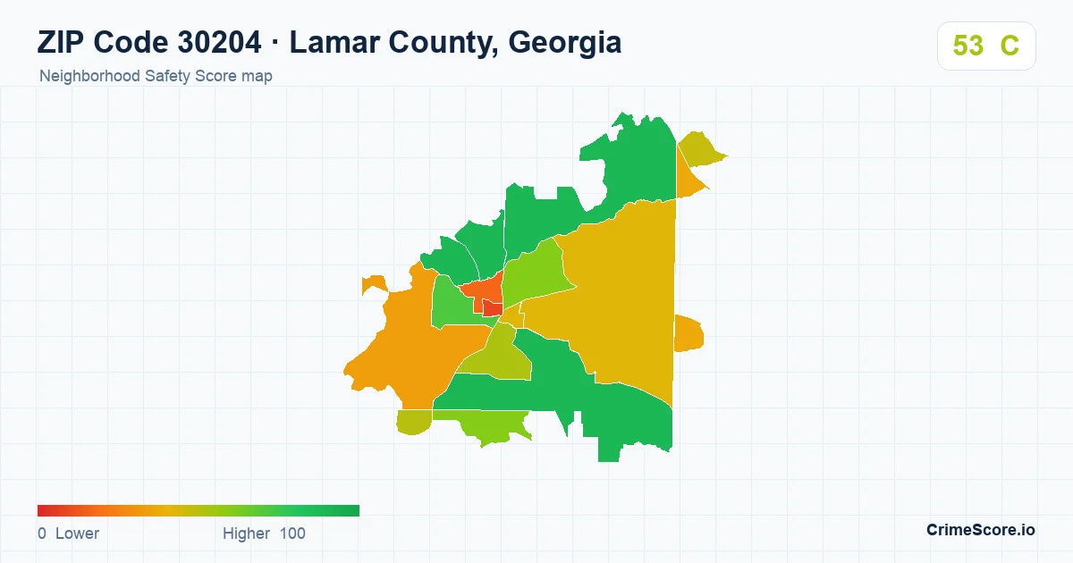 ZIP Code 30204 in Lamar County, Georgia neighborhood Safety Score map
