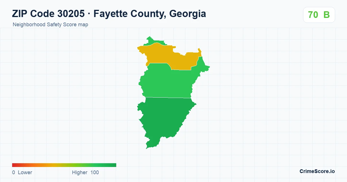 ZIP Code 30205 in Fayette County, Georgia neighborhood Safety Score map