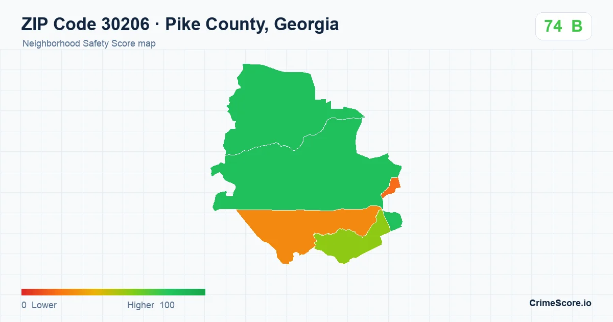 ZIP Code 30206 in Pike County, Georgia neighborhood Safety Score map