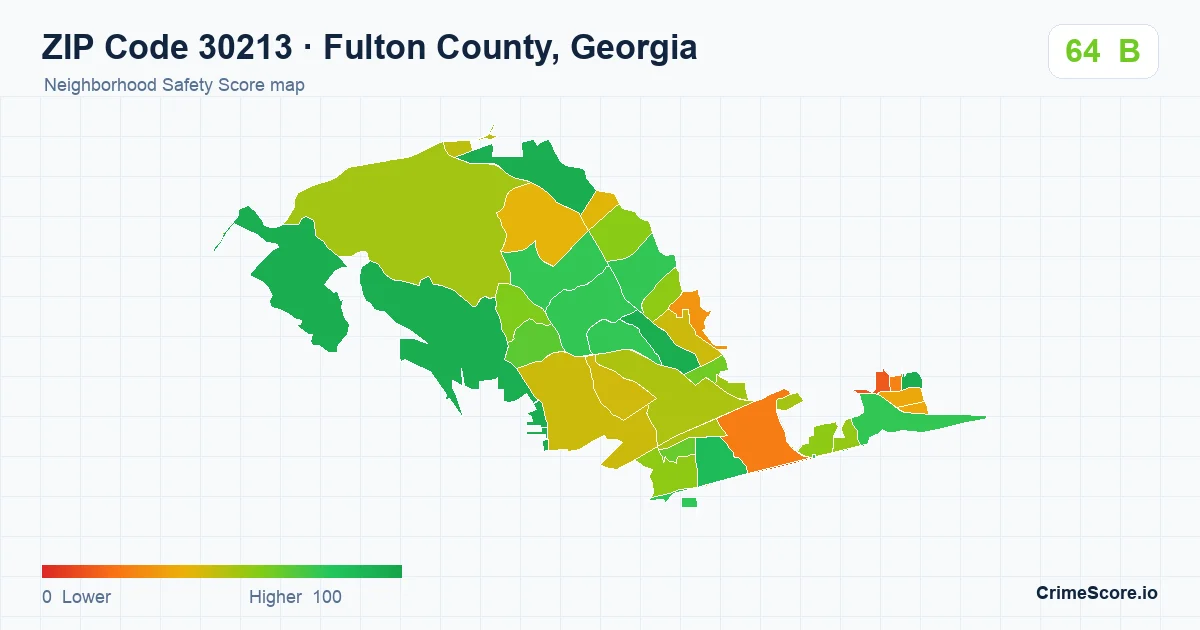ZIP Code 30213 in Fulton County, Georgia neighborhood Safety Score map