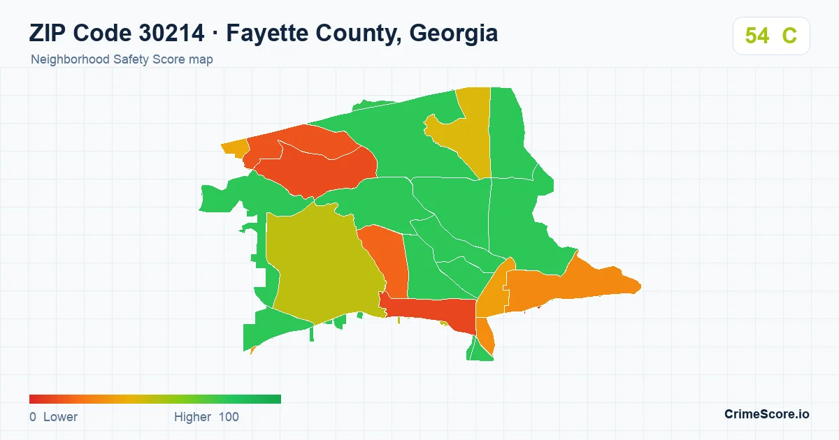 ZIP Code 30214 in Fayette County, Georgia neighborhood Safety Score map