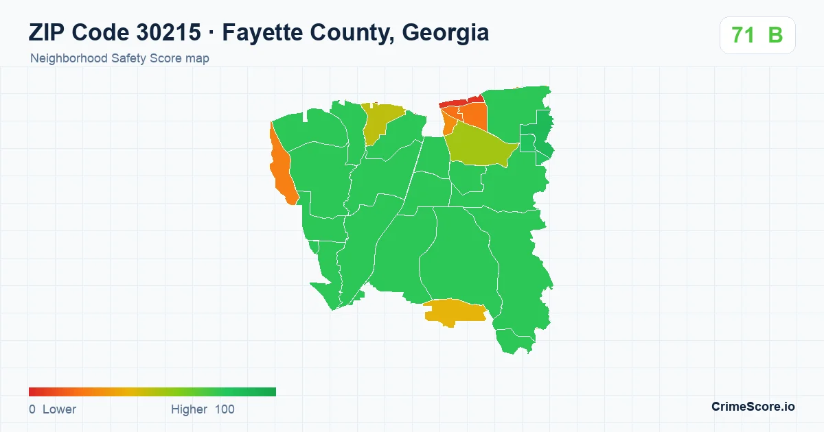 ZIP Code 30215 in Fayette County, Georgia neighborhood Safety Score map