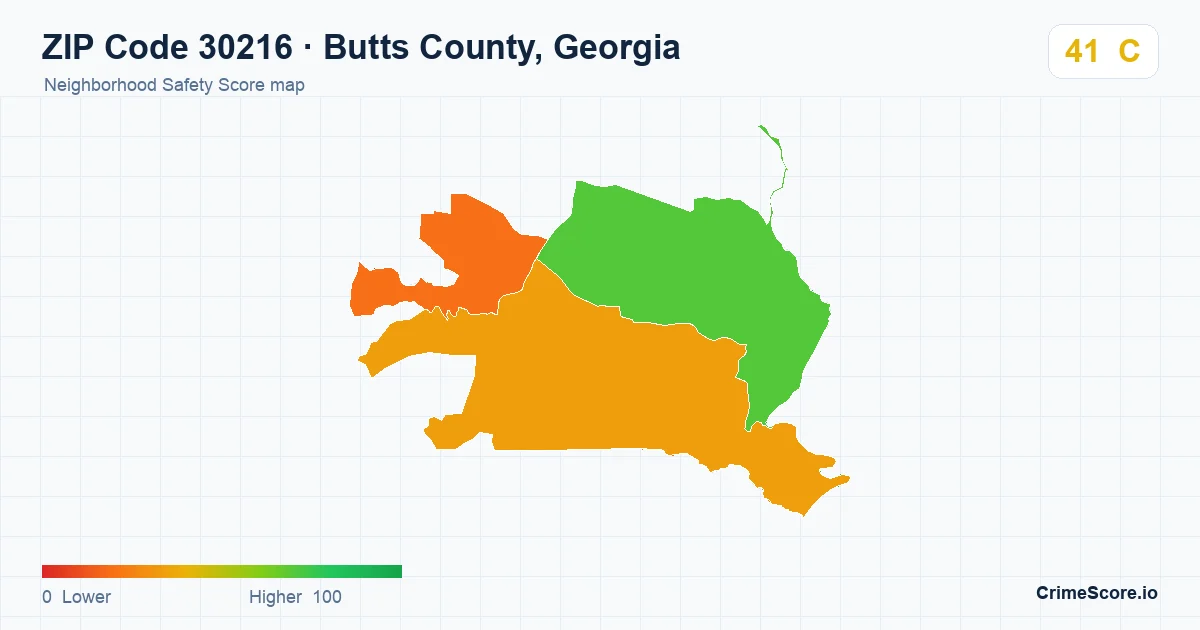 ZIP Code 30216 in Butts County, Georgia neighborhood Safety Score map
