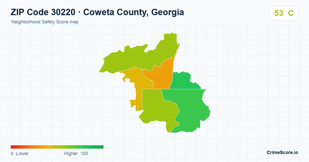 ZIP Code 30220 in Coweta County, Georgia neighborhood Safety Score map