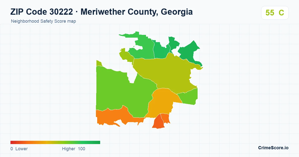 ZIP Code 30222 in Meriwether County, Georgia neighborhood Safety Score map