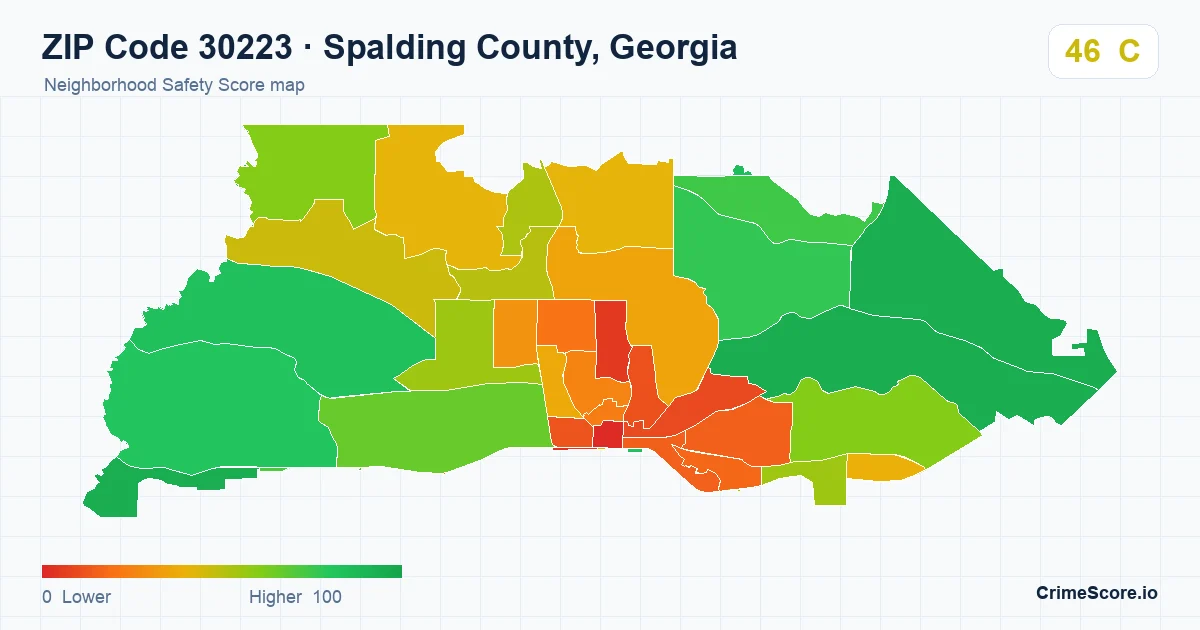 ZIP Code 30223 in Spalding County, Georgia neighborhood Safety Score map