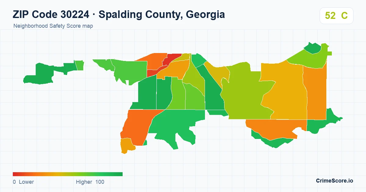 ZIP Code 30224 in Spalding County, Georgia neighborhood Safety Score map