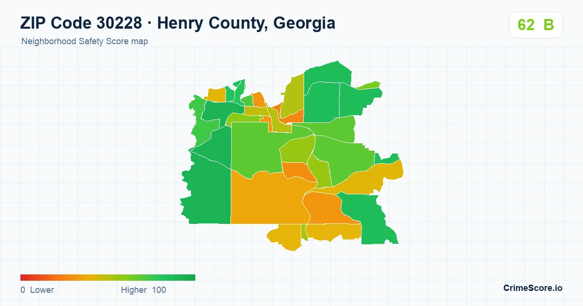 ZIP Code 30228 in Henry County, Georgia neighborhood Safety Score map