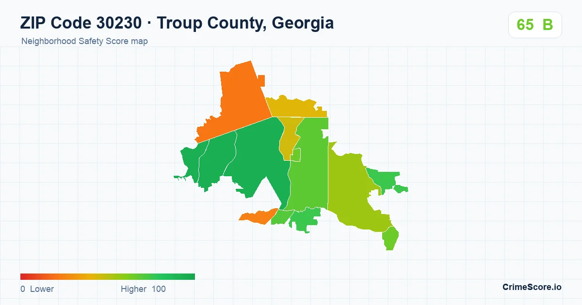 ZIP Code 30230 in Troup County, Georgia neighborhood Safety Score map