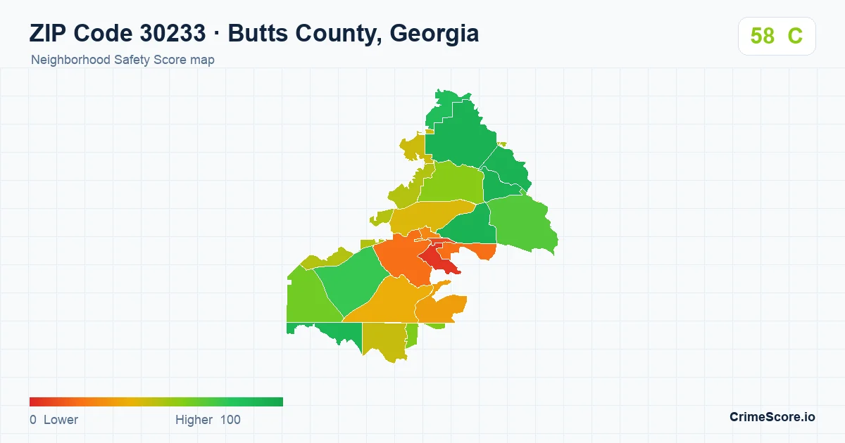 ZIP Code 30233 in Butts County, Georgia neighborhood Safety Score map