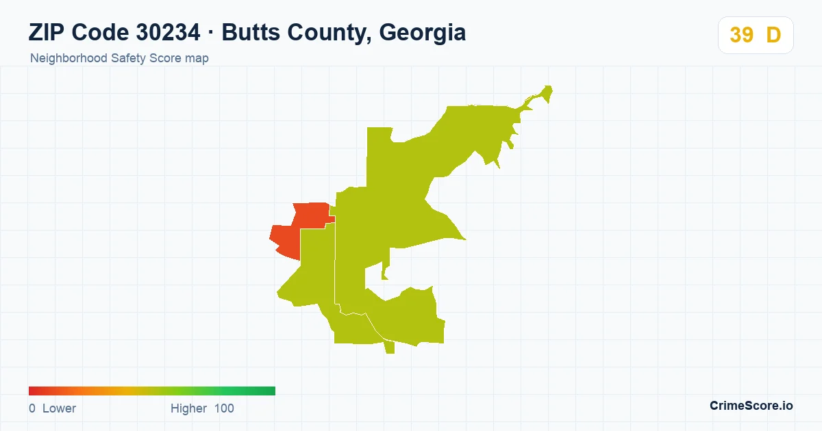 ZIP Code 30234 in Butts County, Georgia neighborhood Safety Score map