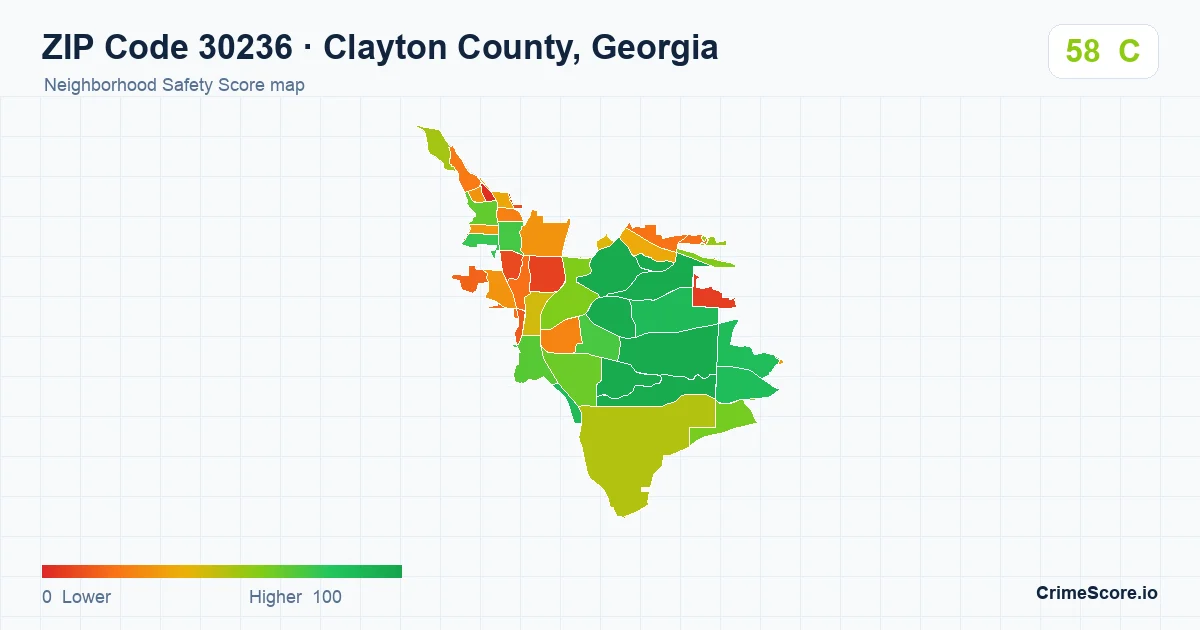 ZIP Code 30236 in Clayton County, Georgia neighborhood Safety Score map