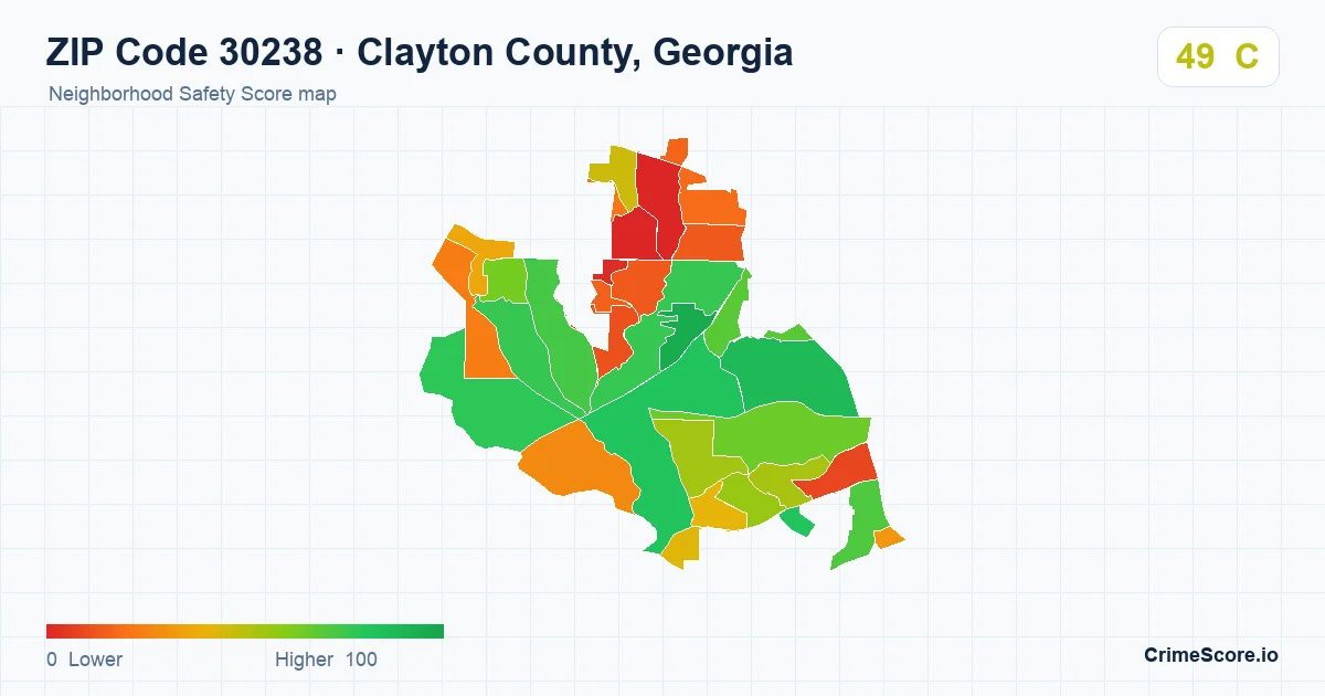 ZIP Code 30238 in Clayton County, Georgia neighborhood Safety Score map