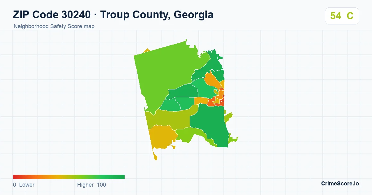 ZIP Code 30240 in Troup County, Georgia neighborhood Safety Score map