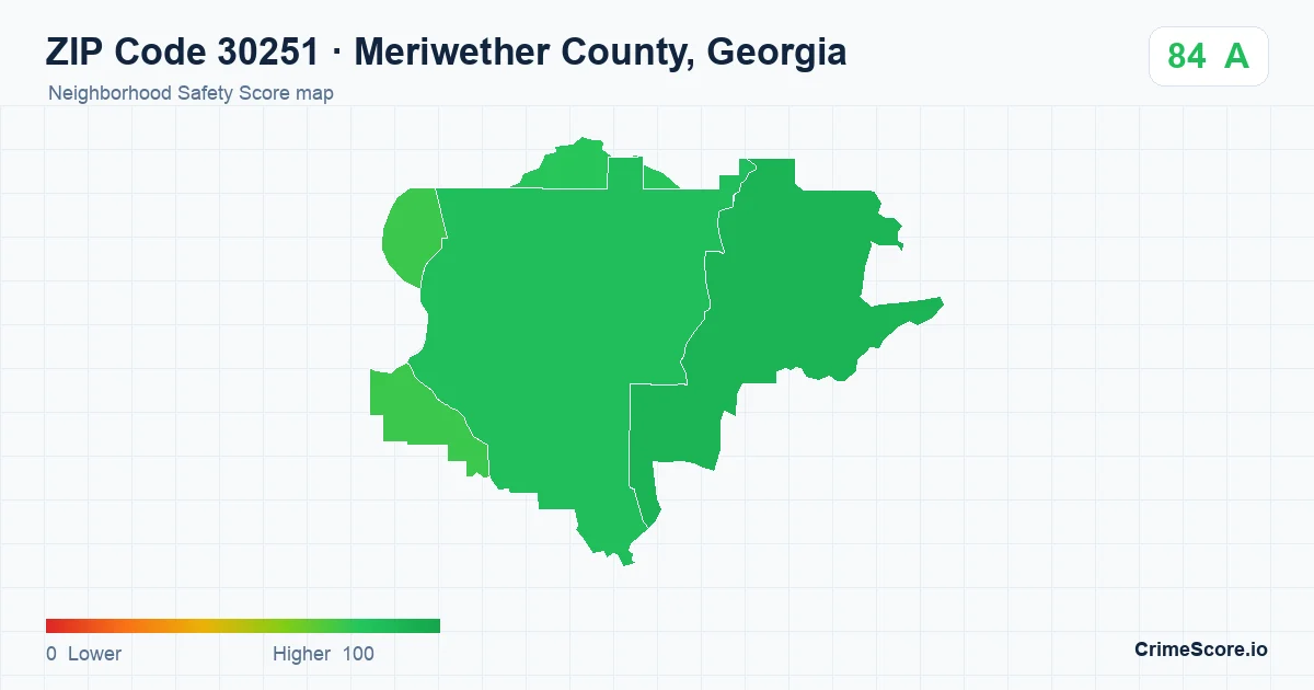 ZIP Code 30251 in Meriwether County, Georgia neighborhood Safety Score map