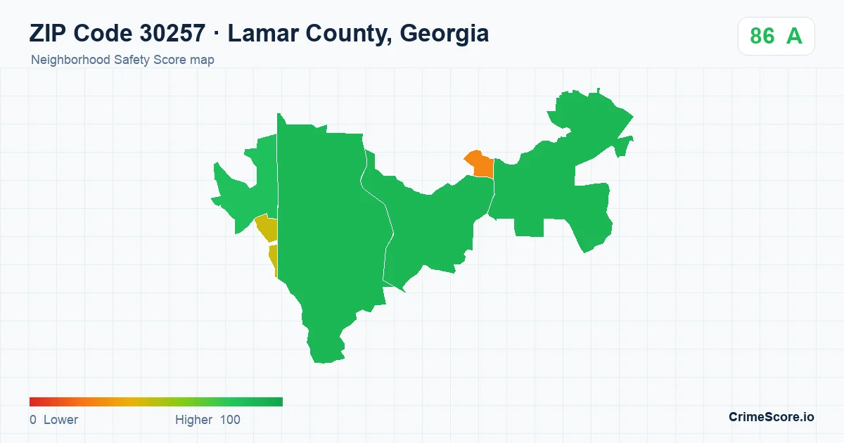 ZIP Code 30257 in Lamar County, Georgia neighborhood Safety Score map